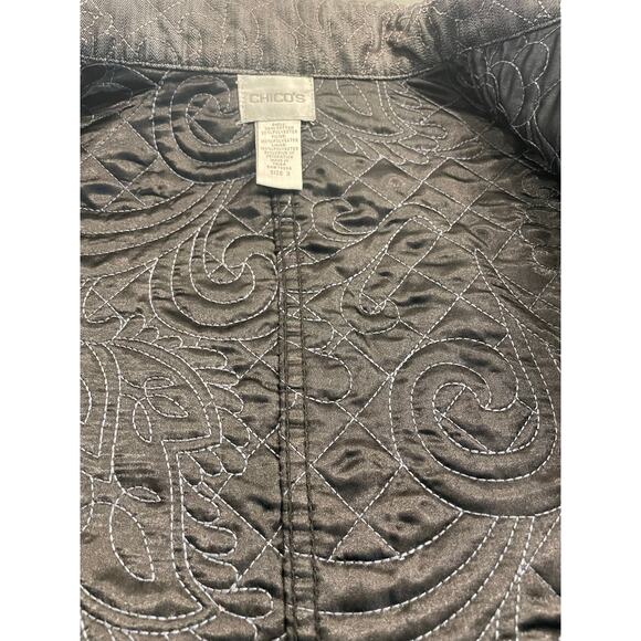 Chico's Charcoal  Black Floral Quilted Jacket Blazer 3/XL Faux Leather accents - Picture 7 of 13